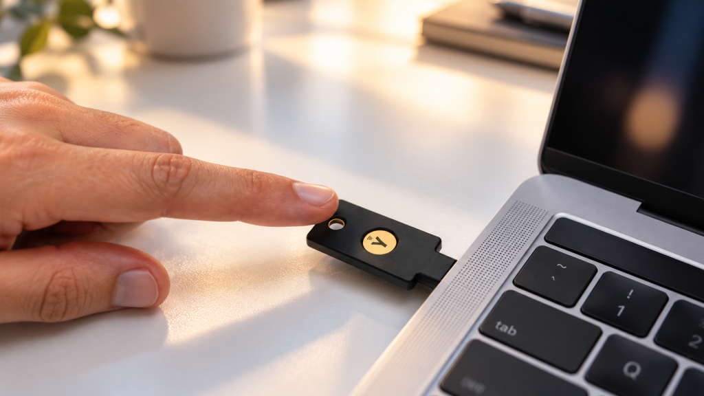 Pessoa utilizando chave física de segurança FIDO2 conectada a um notebook para autenticação sem senha e proteção contra phishing.