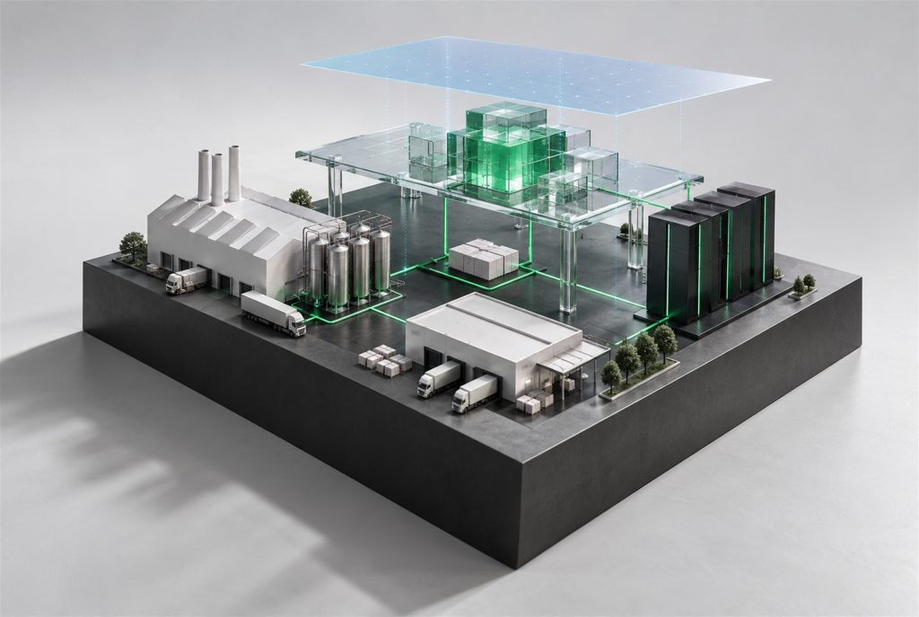 Ilustração conceitual em 3D de uma operação industrial e servidores conectados a uma plataforma de dados em nuvem.