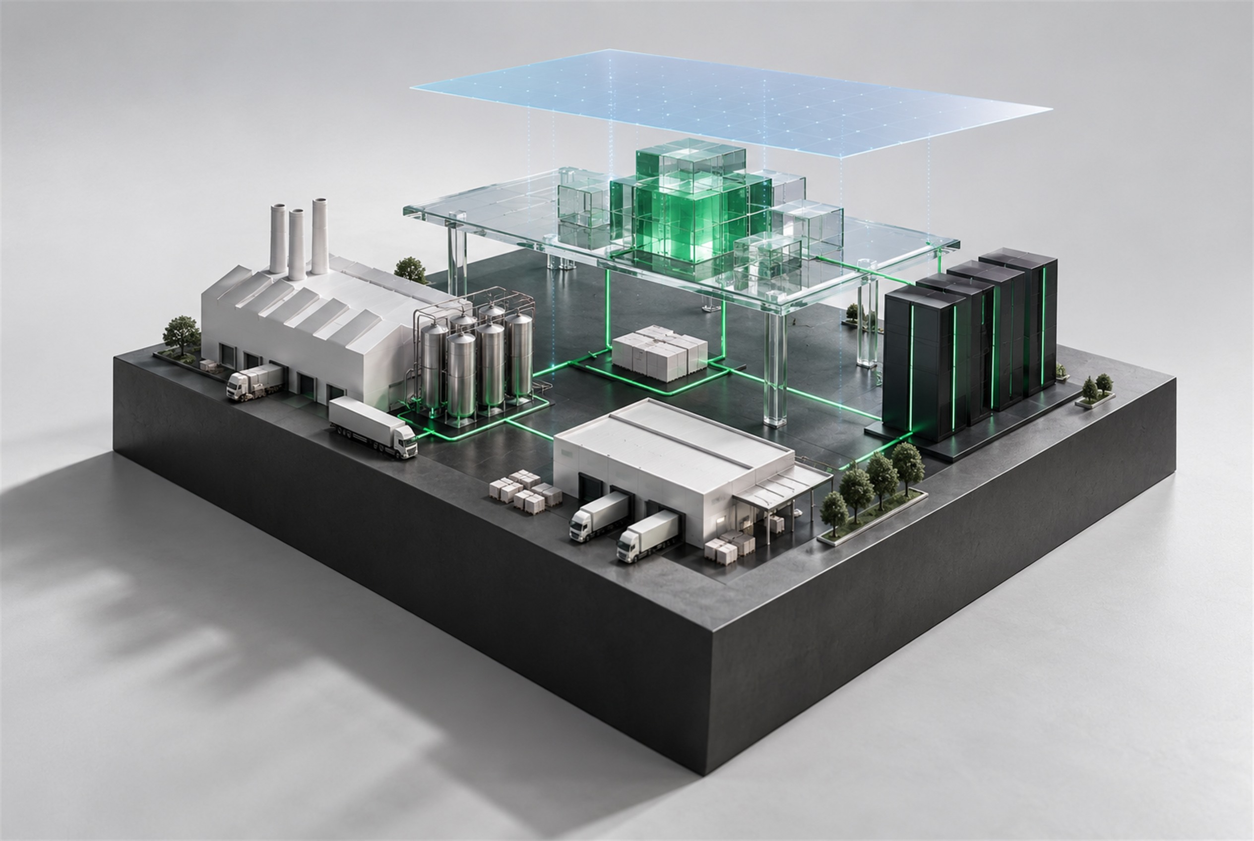 Ilustração conceitual em 3D de uma operação industrial e servidores conectados a uma plataforma de dados em nuvem.