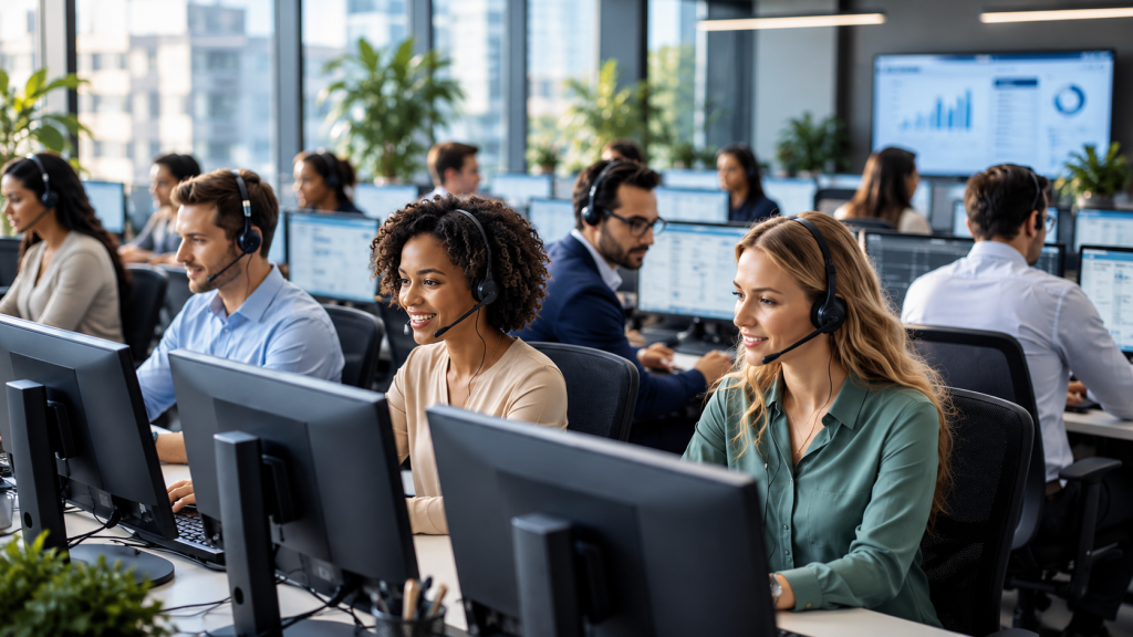 Estações de trabalho em contact center utilizadas para comparar o custo por usuário entre VDI no Azure, Oracle Cloud e desktop físico.