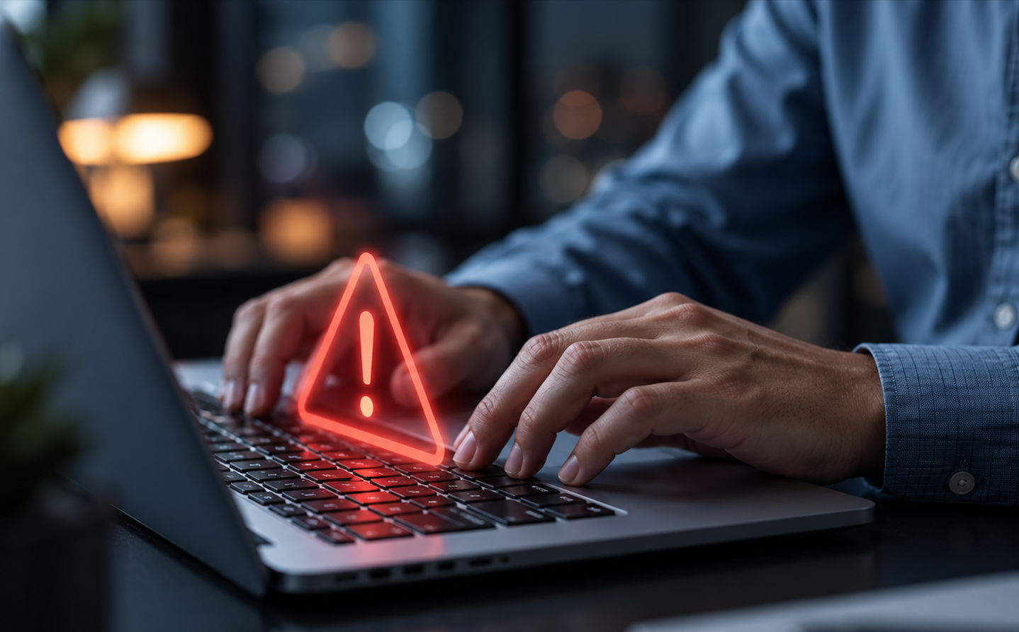 Mãos digitando em um notebook, com um ícone de alerta de segurança em vermelho em destaque